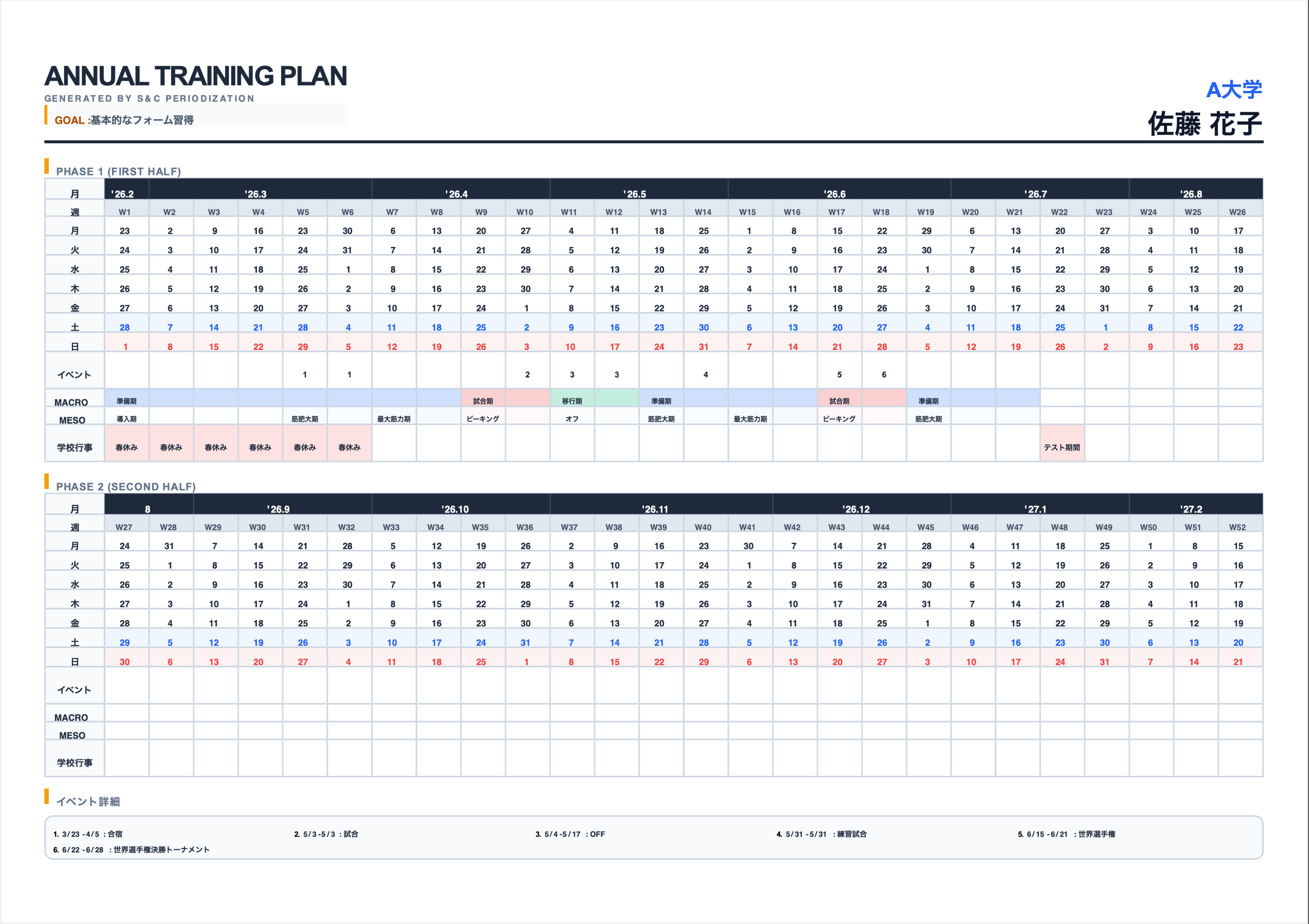 PDF出力されたトレーニングプログラム アスリート共有